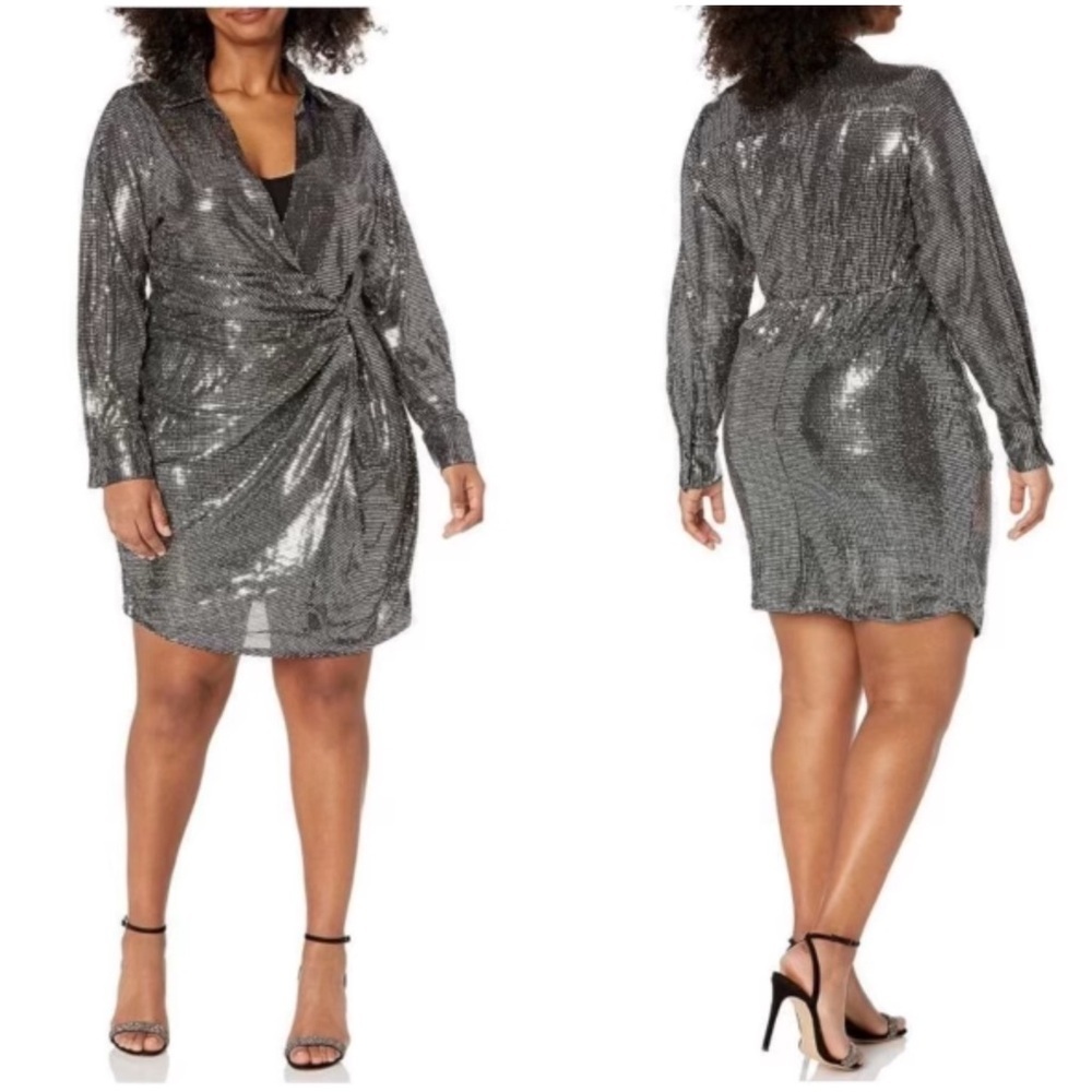 NWT  City Chic Sequin Glow Silver Mini Dress Size XXL (24) Faux Wrap Knot Waist